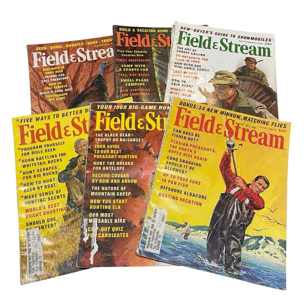 6 Issues of Field and Stream Magazine - 1965-1968 Vintage Hunting Fishing Lot